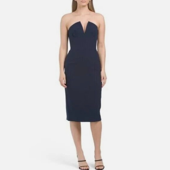 DRESS THE POPULATION Perla Midnight Blue Midi Strapless Sheath Dress Size XS - Picture 1 of 15